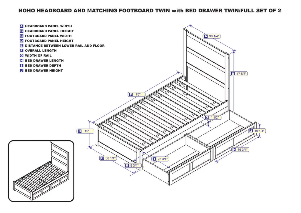 Twin Wood Platform Bed with Headboard Footboard & 2 Storage Drawers, Walnut X165