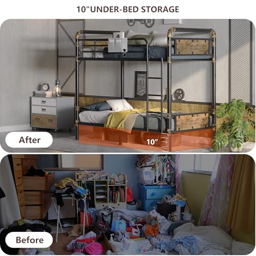 2 IN 1 Metal Bunk Bed Twin Over Twin, Convertible into 2 Individual Twin Size Bed, Vintage Brown U874495