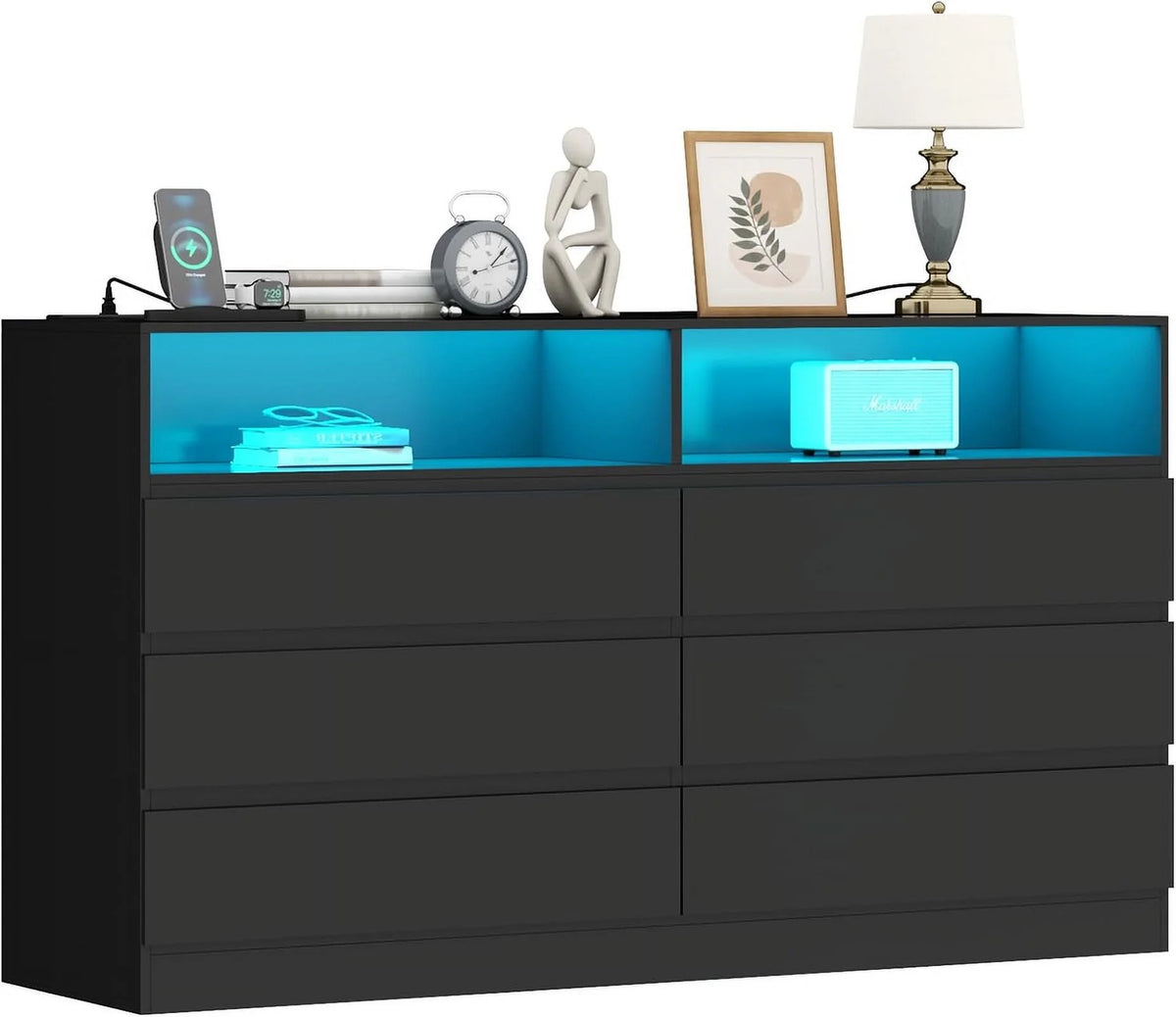 White 6 Drawer Double Dresser with Power Outlet and LED Light C8249