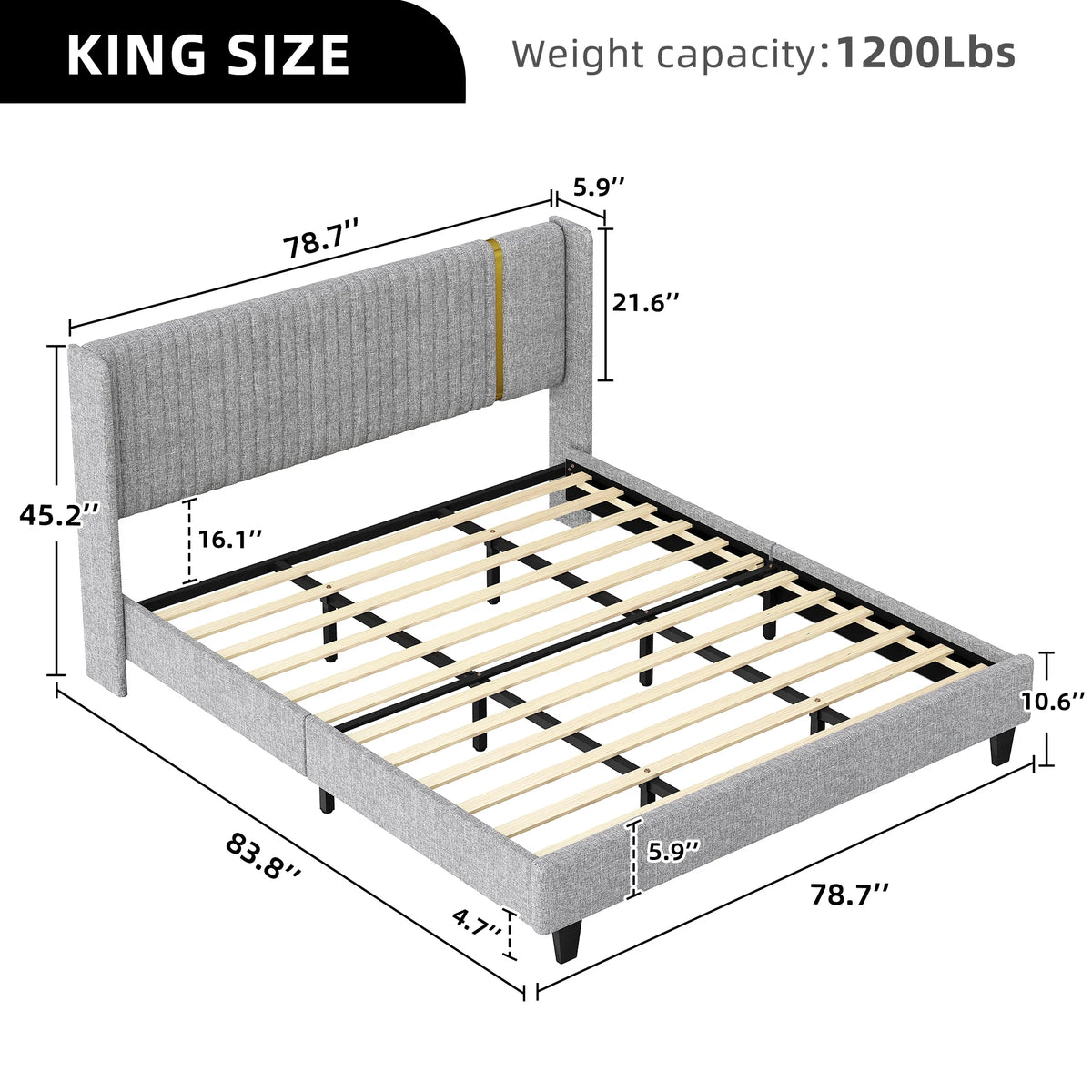 Upholstered Wingback King Bed Frame with Wood Slats Z703