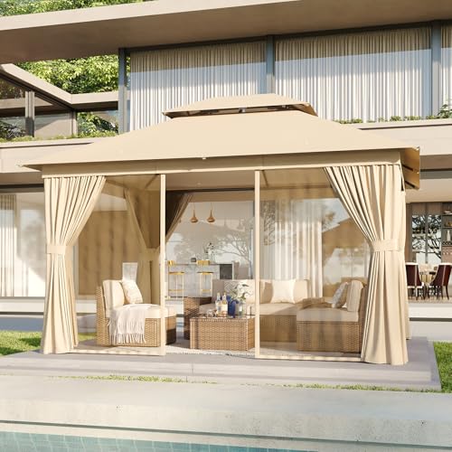 10'x12' Beige Outdoor Patio Gazebo with Mosquito Nettings and Privacy Screens Q971