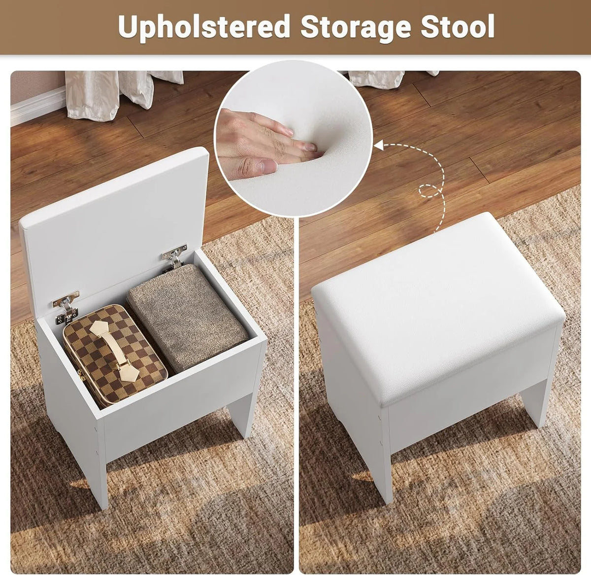 White Vanity Desk with Mirror Lights Charging Station Drawers Storage Stool Rotating Shelves Y3769
