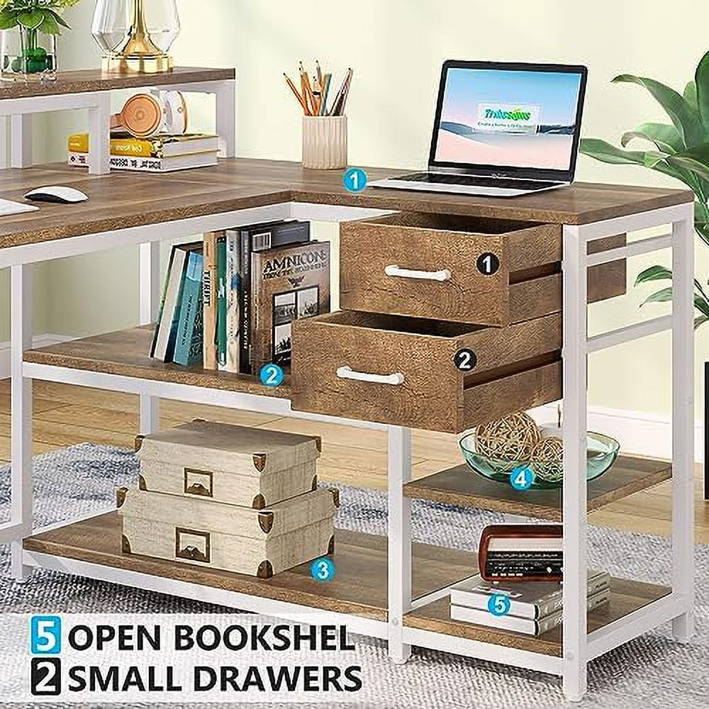 Reversible L Shaped Desk with Drawer Shelves Monitor Stand U2920