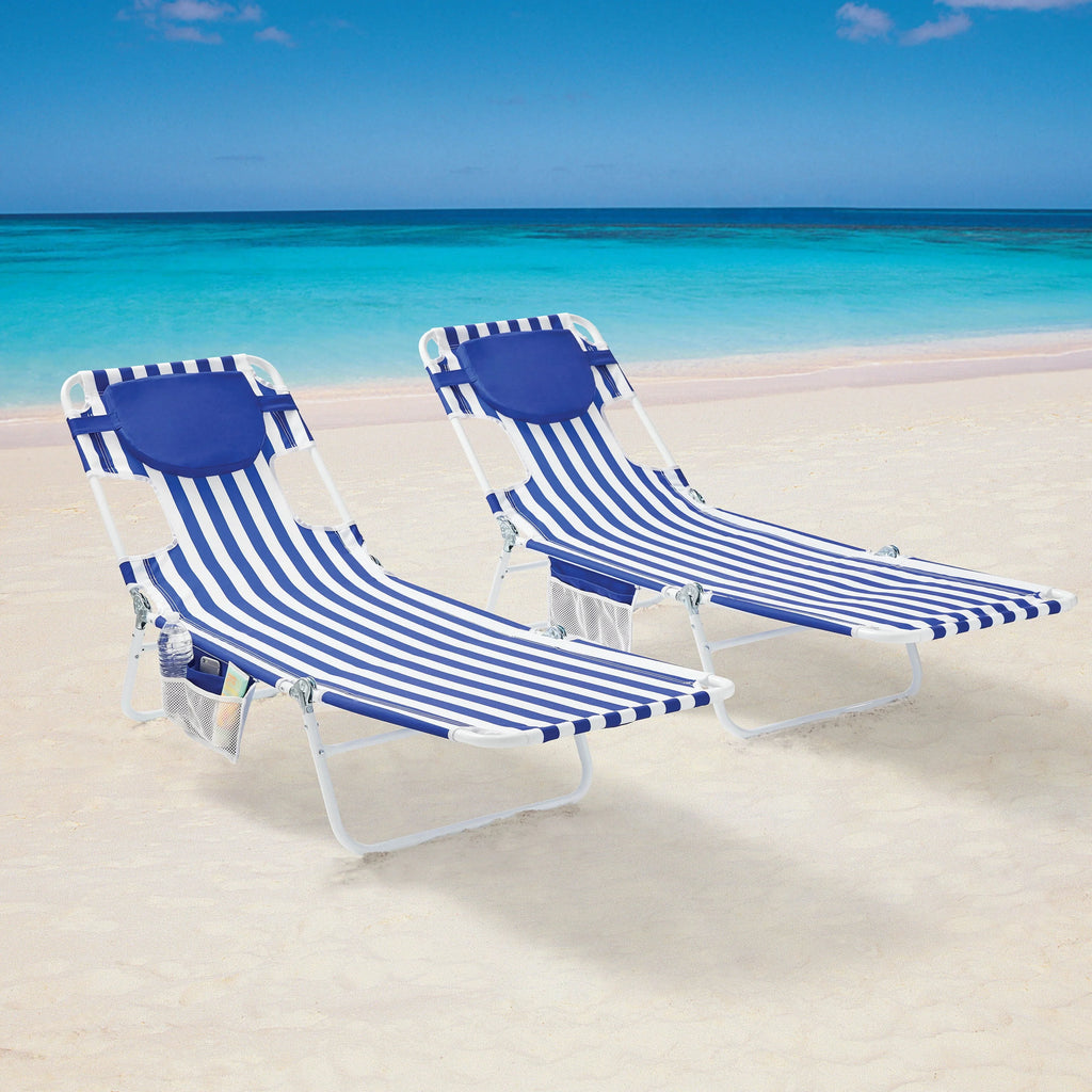 Blue & White Stripe Folding Beach Lounger 2-Pack B795
