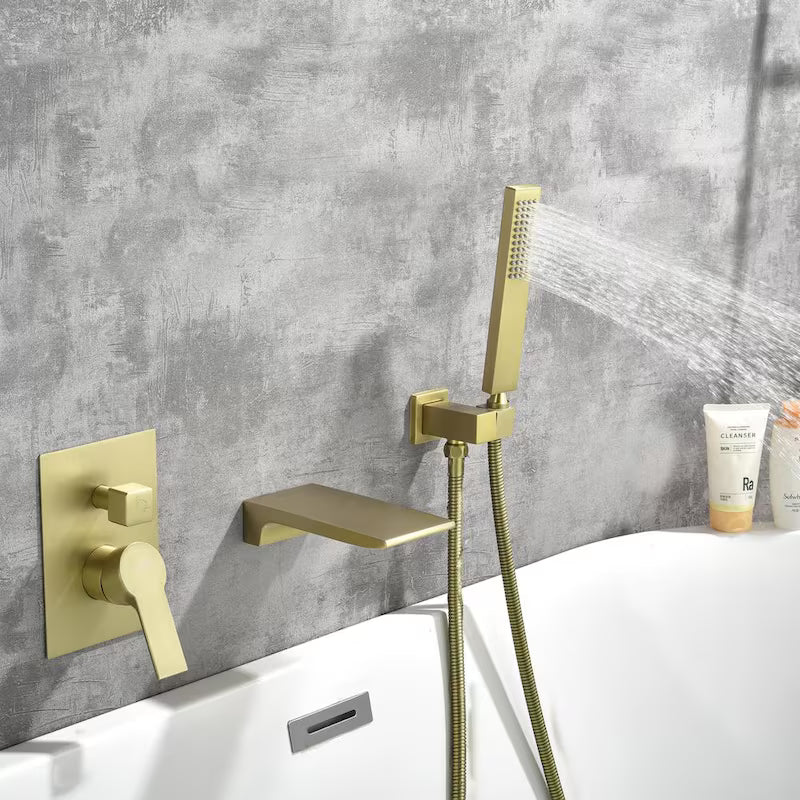 Brushed Gold Wall Mount Roman Tub Faucet with Hand Shower F9886