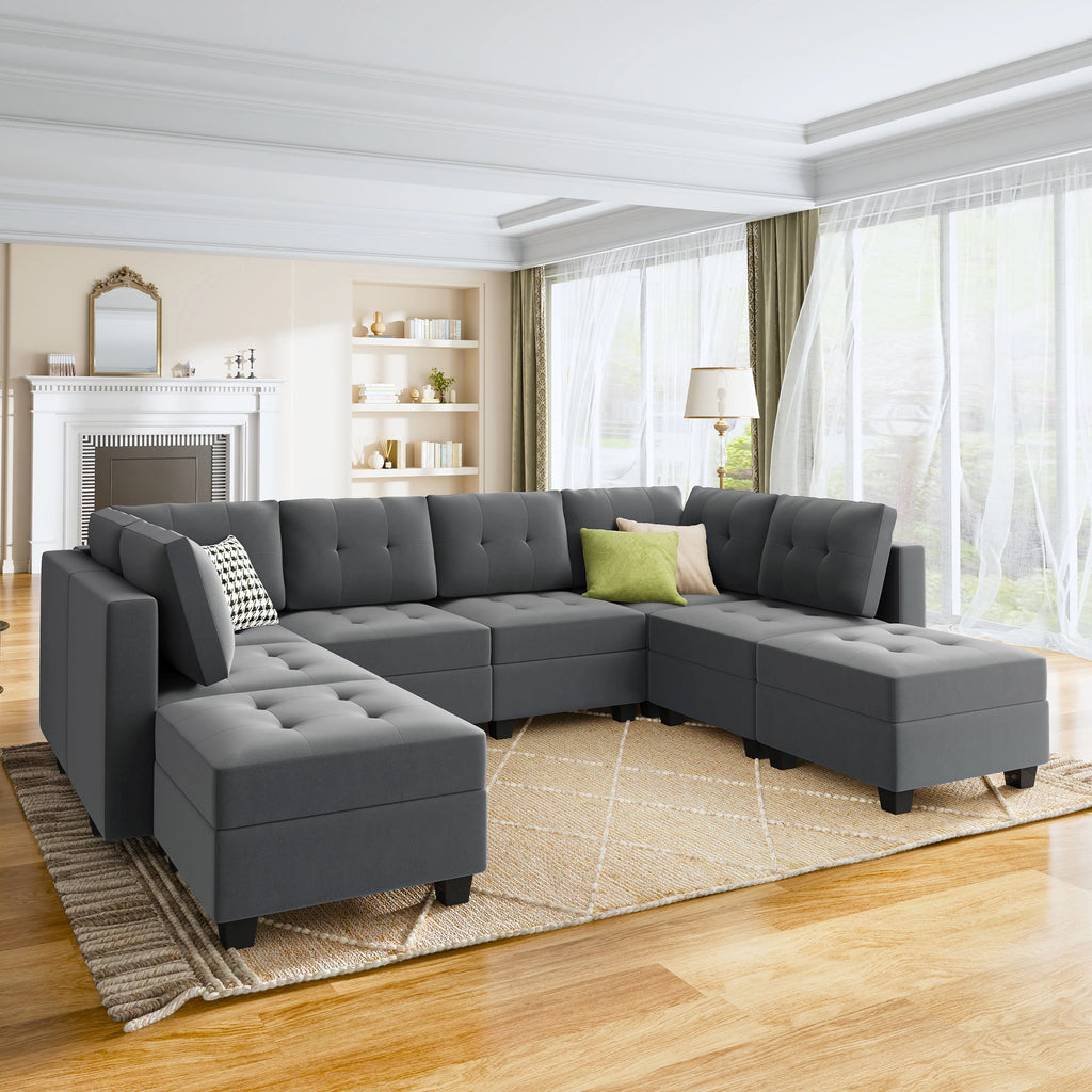 Velvet Tufted Sectional Sleeper Sofa with Storage Ottomans L523