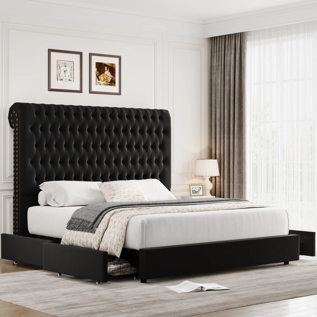 Queen Size Upholstered Storage Bed with Tall Headboard and Drawers H576