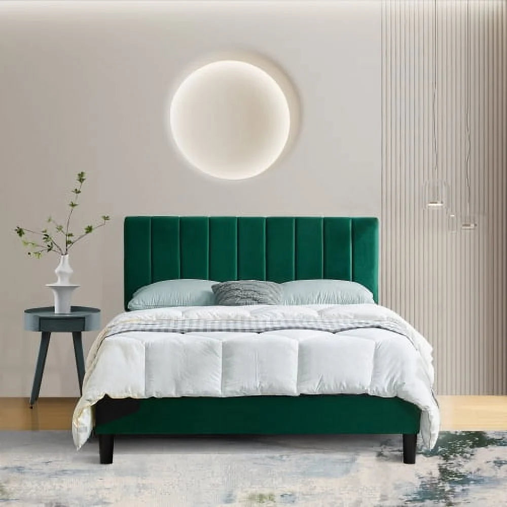 Queen Size Platform Bed with Upholstered Headboard and Slat Support D4682
