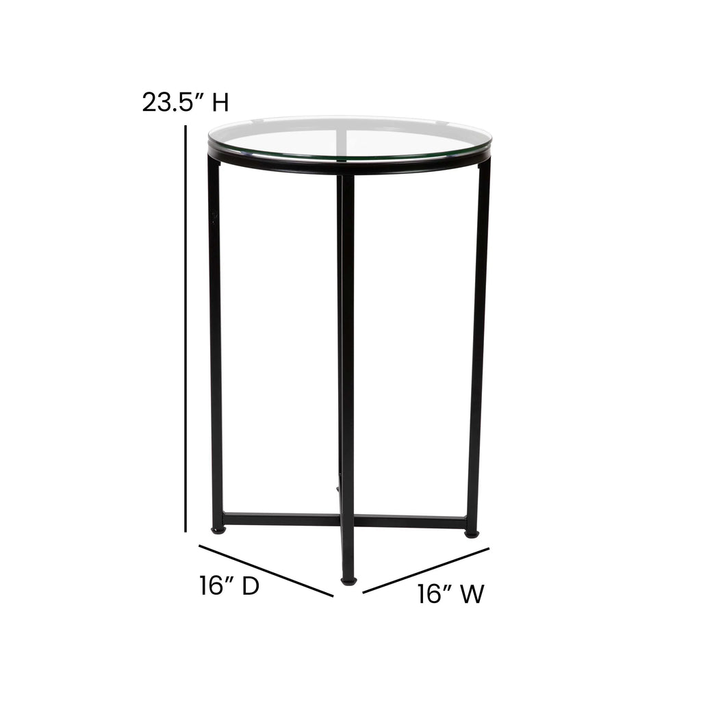 Clear Glass Table Set with Matte Black X Metal Frame, Coffee Table, 2 End Tables J2077