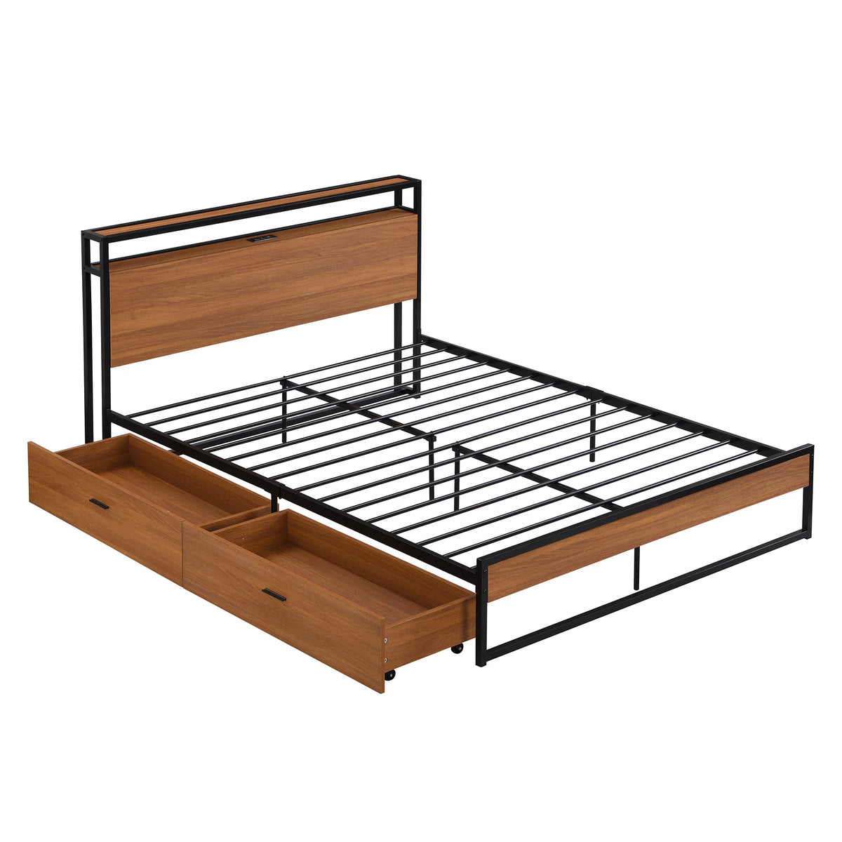 Black Queen Size Metal Platform Bed Frame with Wood Headboard and 2 Drawers A352813
