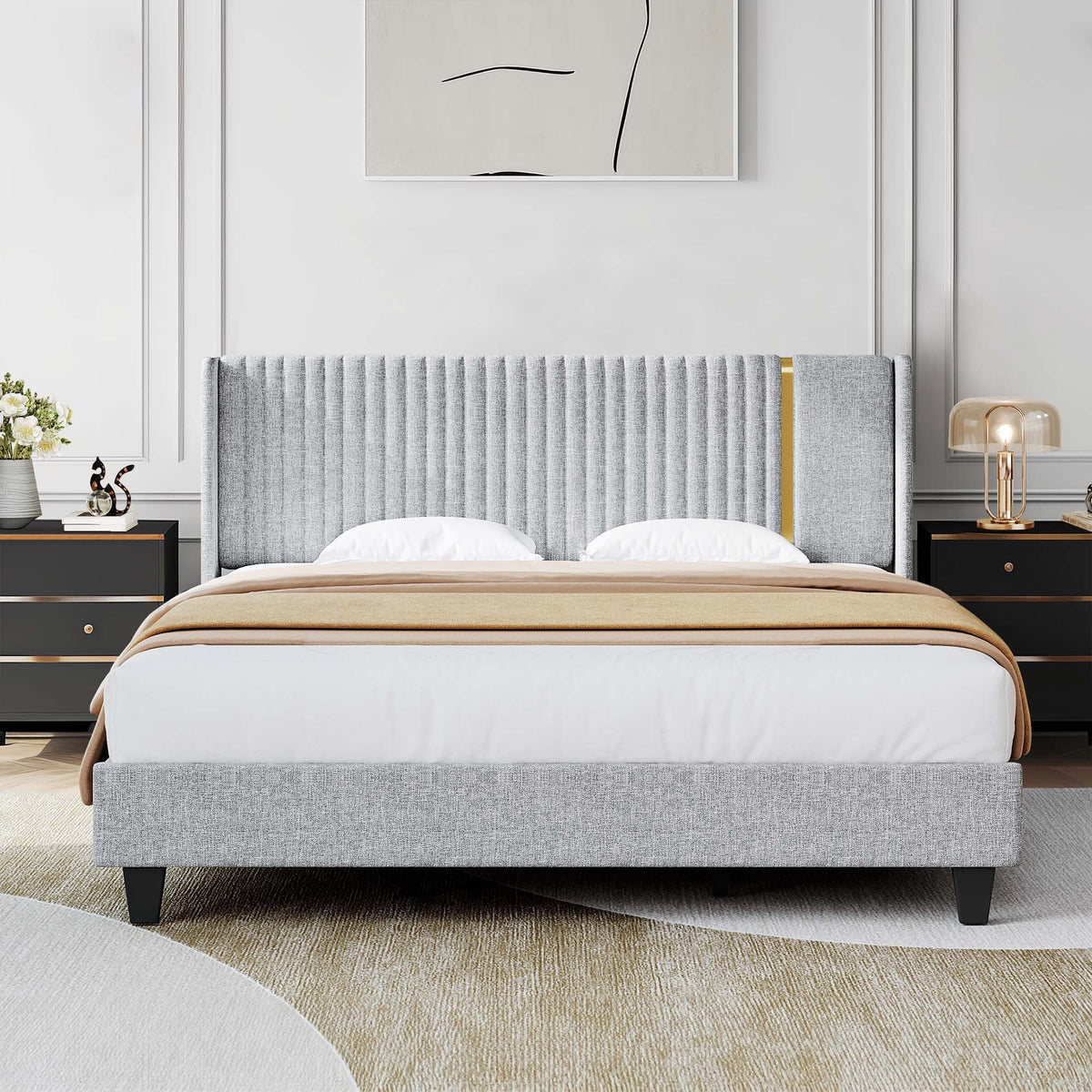 Upholstered Wingback King Bed Frame with Wood Slats Z703