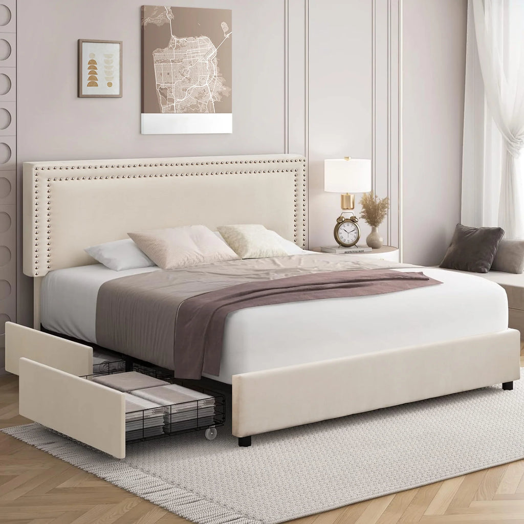 Full Bed Frame with 4 Storage Drawers and Adjustable Headboard S20718
