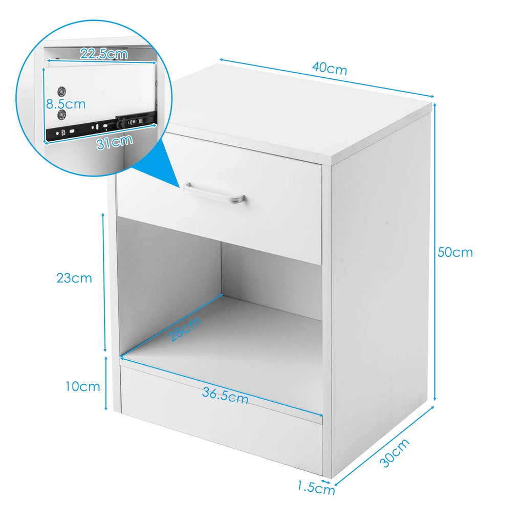 White Nightstand Set of 2 with Drawer and Open Cabinet Wood Bedside Table J641746