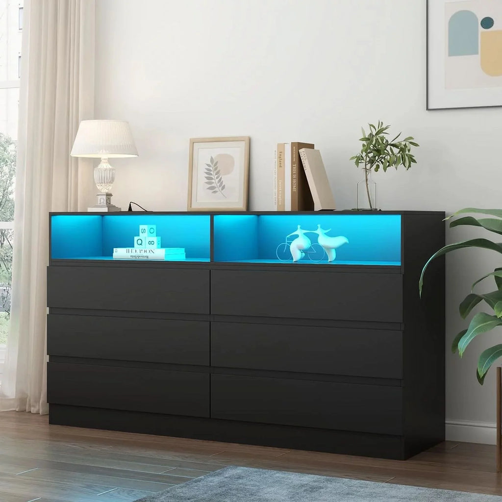 White 6 Drawer Double Dresser with Power Outlet and LED Light C8249