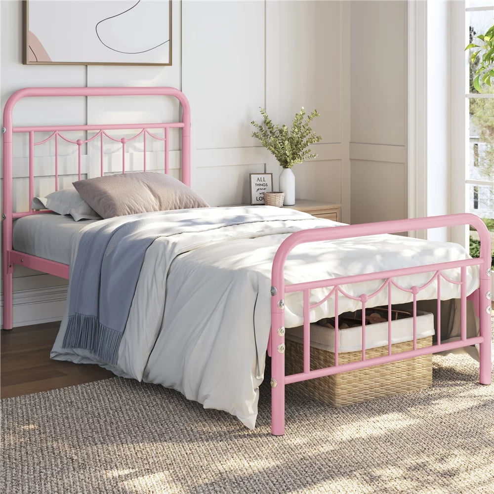 Queen Metal Platform Bed Frame with Vintage Headboard and Footboard E7905