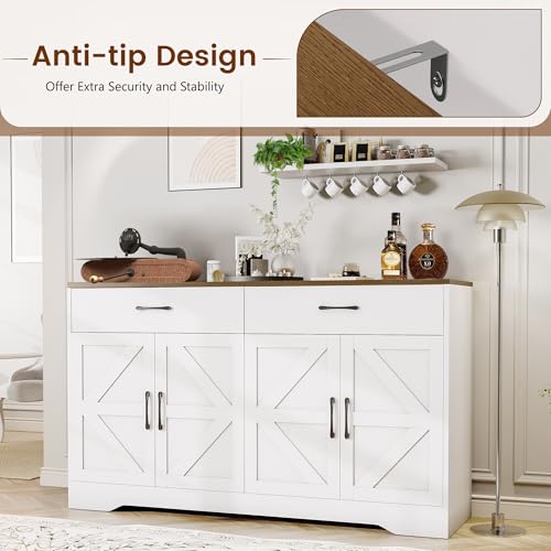 White 55" Wood Sideboard Buffet Cabinet with Drawers and Doors Z525