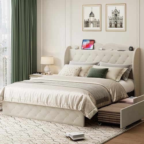 Full Size Velvet Upholstered Platform Bed Frame with 4 Storage Drawers L65720