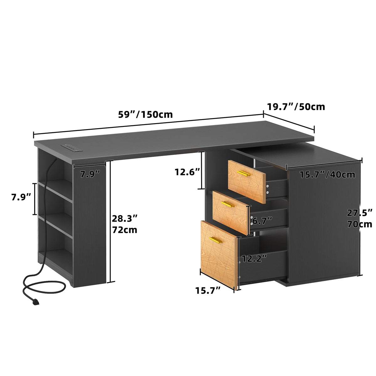 Black 59 Inch L Shaped Desk with File Cabinet and Storage Shelves C1706