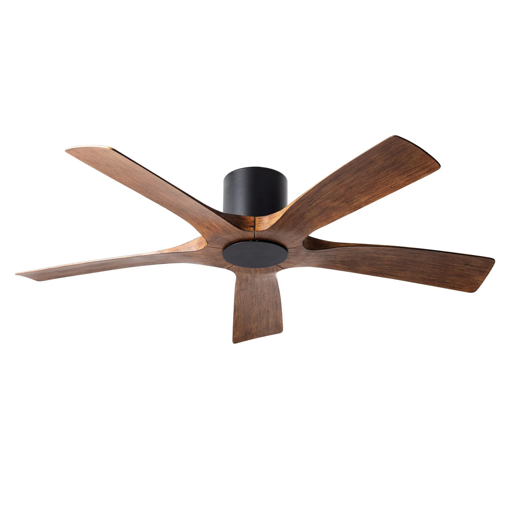 Indoor and Outdoor 5-Blade Smart Flush Mount Ceiling Fan 54in Matte Black Distressed Koa with Remote Control J7201