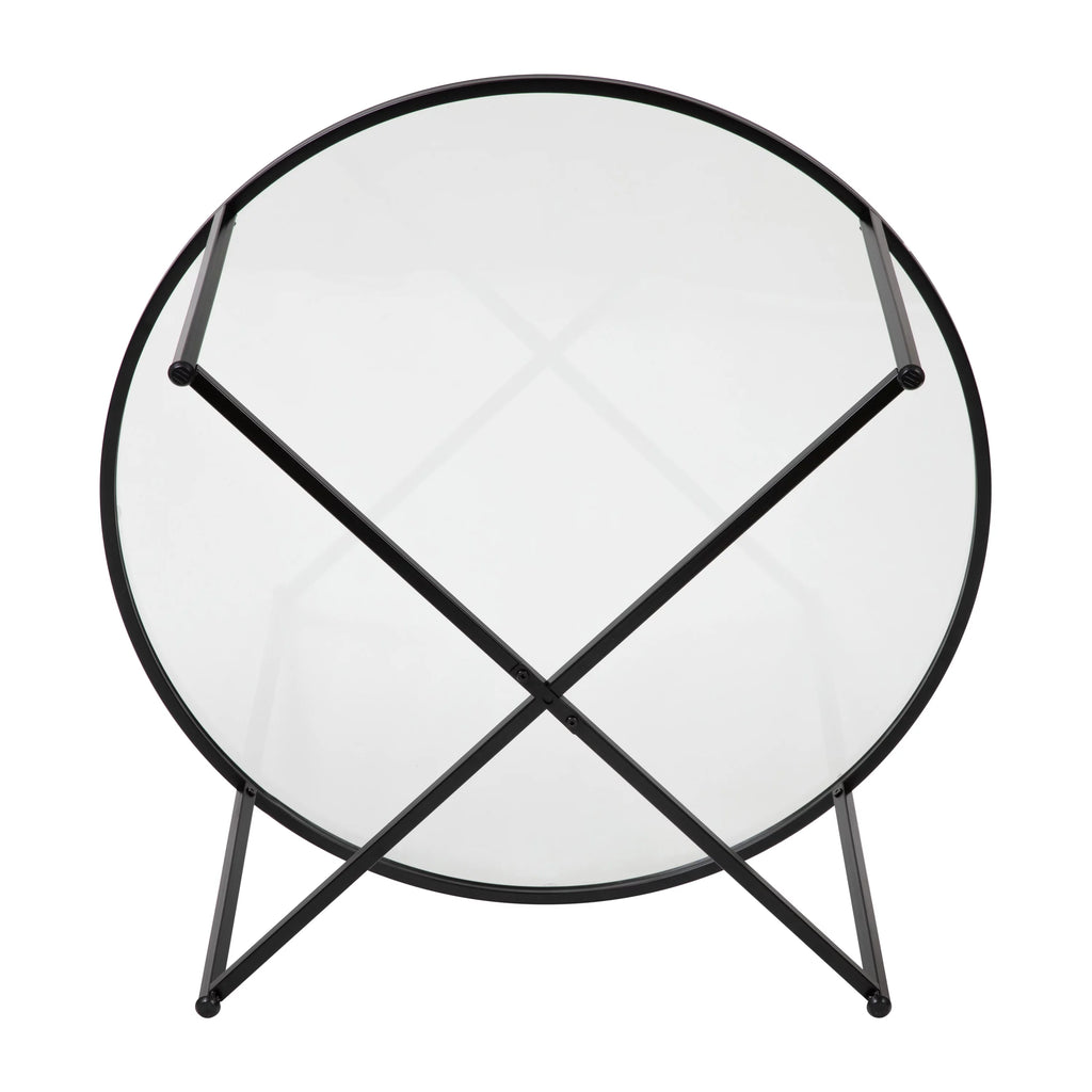 Clear Glass Table Set with Matte Black X Metal Frame, Coffee Table, 2 End Tables J2077