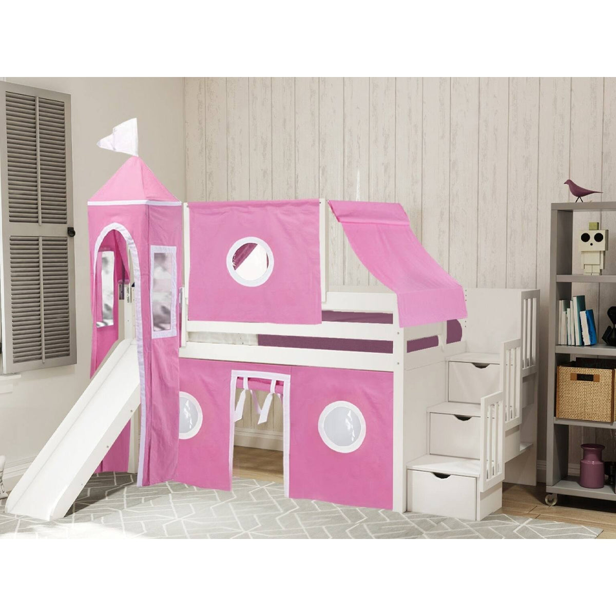 Twin Loft Bed with Slide and Tent I51731