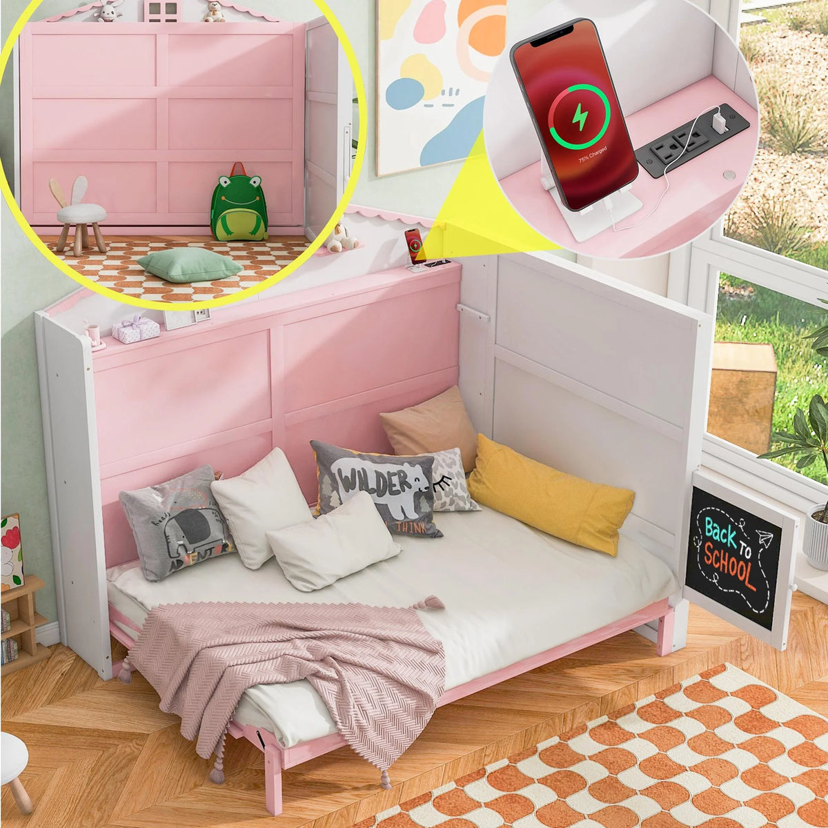 Full Size Wood Murphy Bed with Storage Shelves T67264