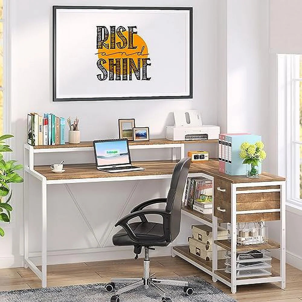 Reversible L Shaped Desk with Drawer Shelves Monitor Stand U2920