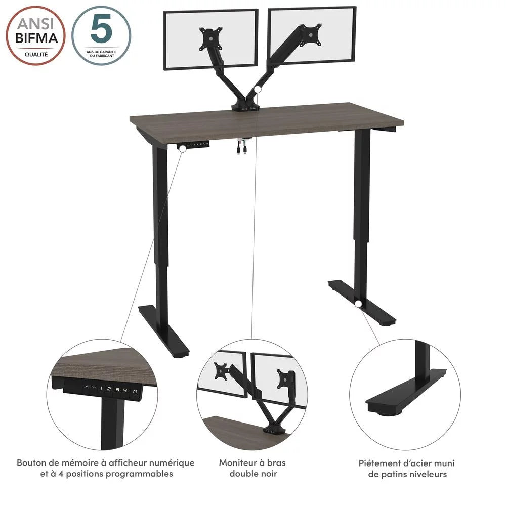 Bark Grey Standing Desk with Dual Monitor Arm F960