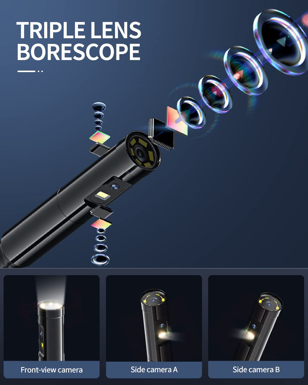Triple-Lens Borescope Inspection Camera with Light, 16.4ft Waterproof Flexible Cable E813707