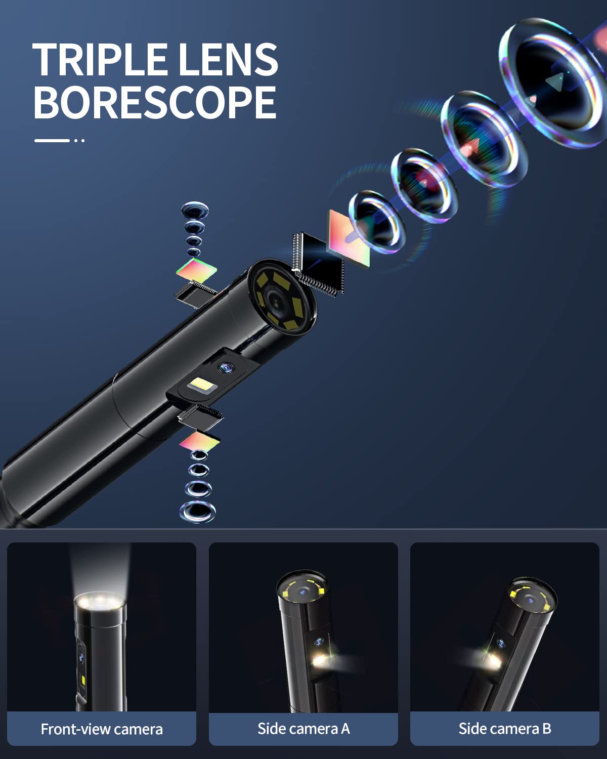 Triple-Lens Borescope Inspection Camera with Light, 16.4ft Waterproof Flexible Cable E813707