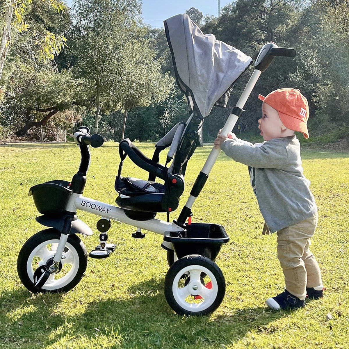 6-in-1 Kids Stroller Tricycle with Adjustable Push Handle, Removable Canopy, Safety Harness T7501