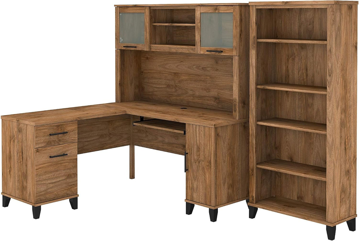L Shaped Desk with Hutch and 5 Shelf Bookcase L403133