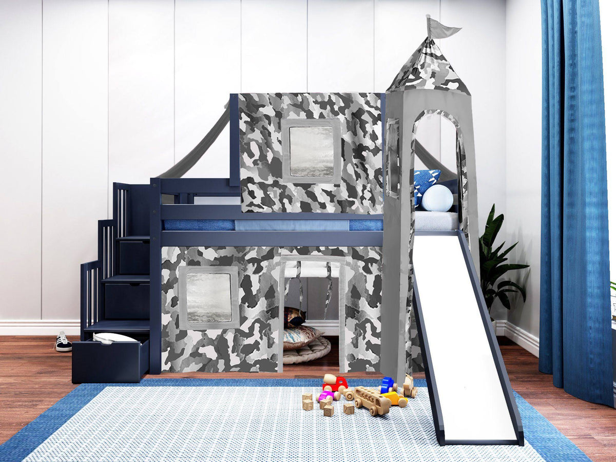 Twin Loft Bed with Slide and Tent I51731