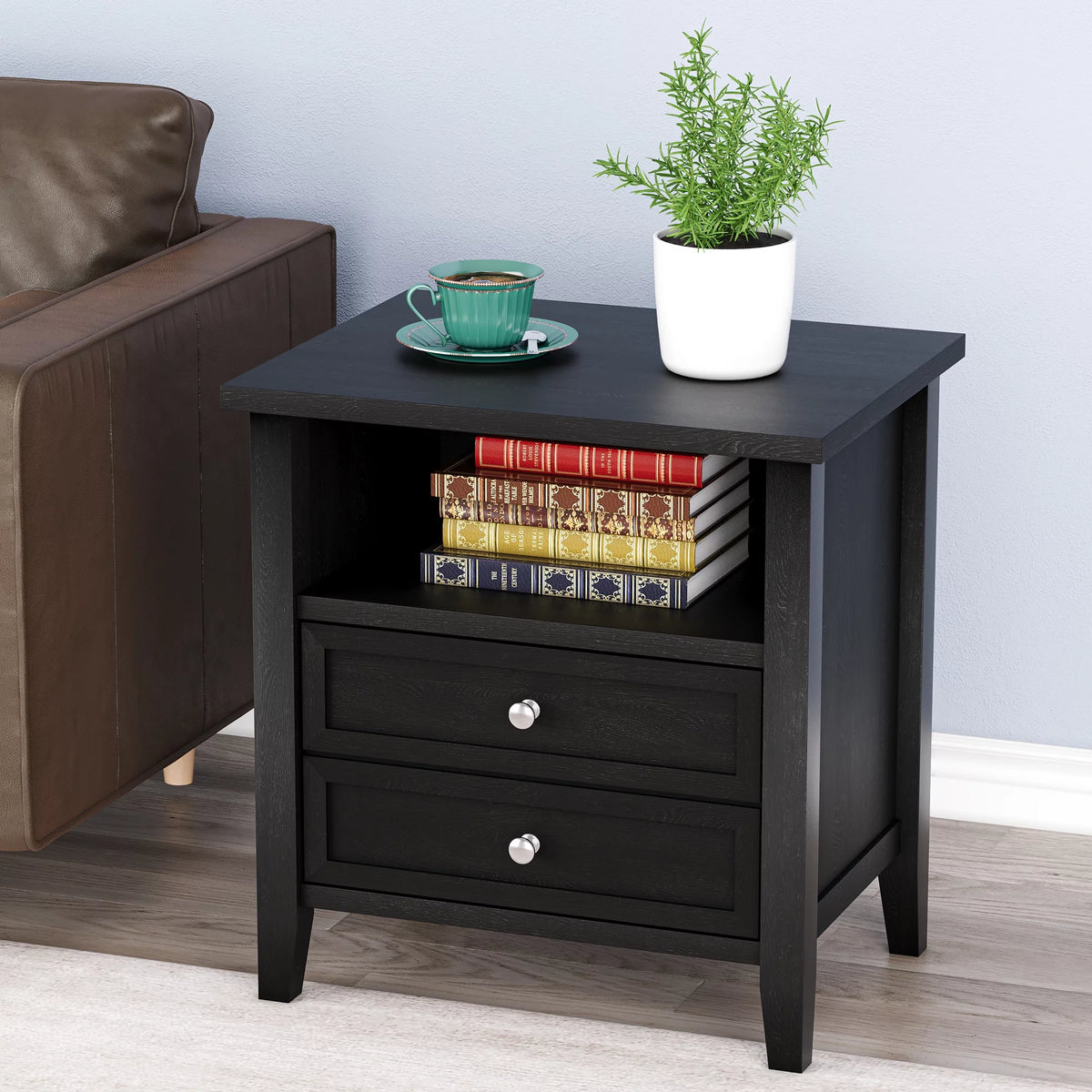 Black Nightstand with Drawer and Open Storage Shelf Q89303