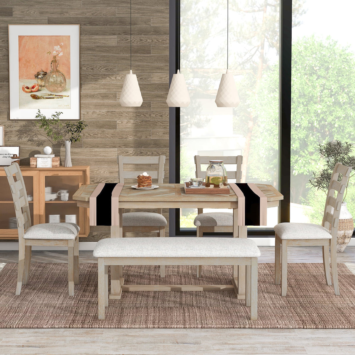 6-Piece Rubber Wood Dining Table Set with 4 Cushion Chairs and Bench Q4504