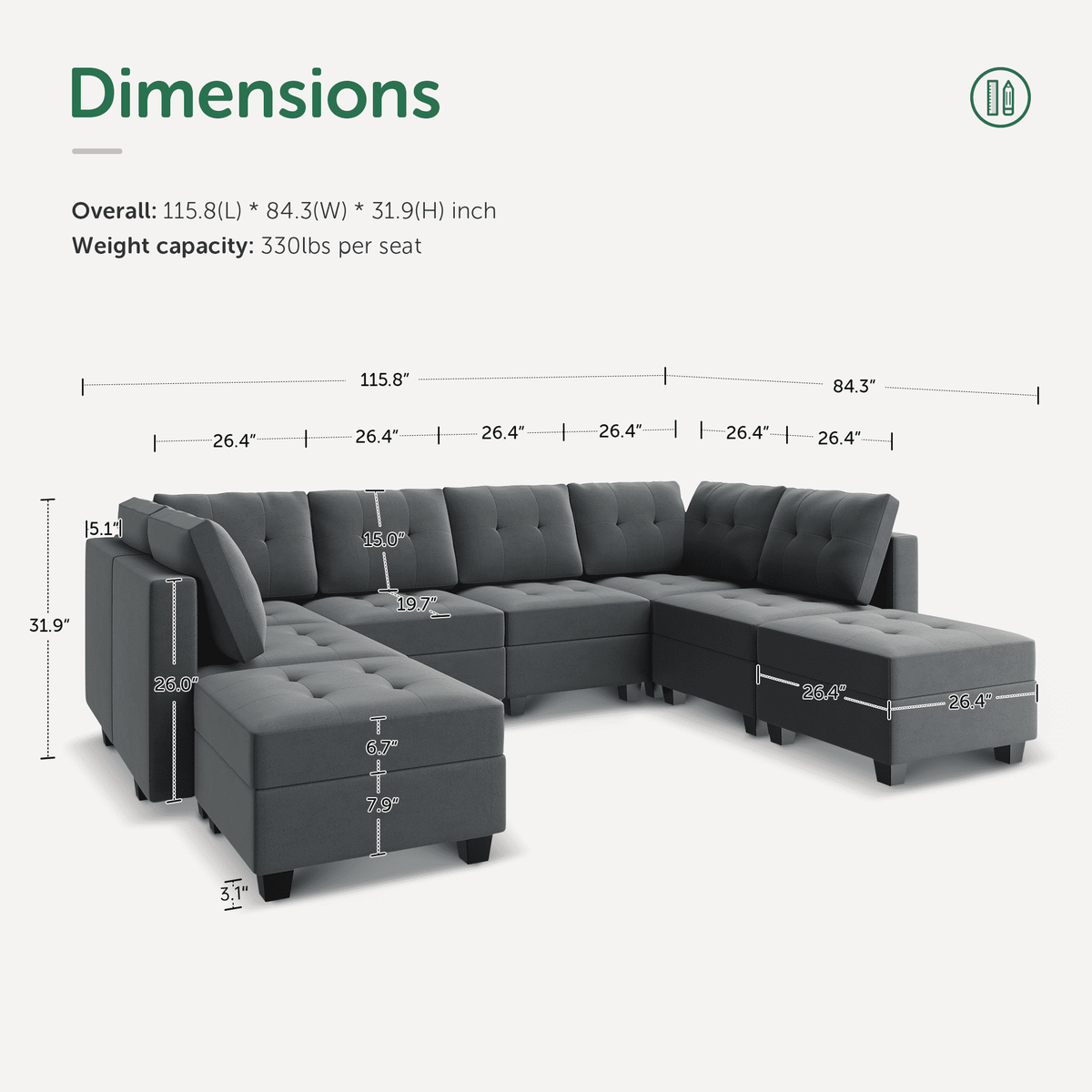 Velvet Tufted Sectional Sleeper Sofa with Storage Ottomans L523