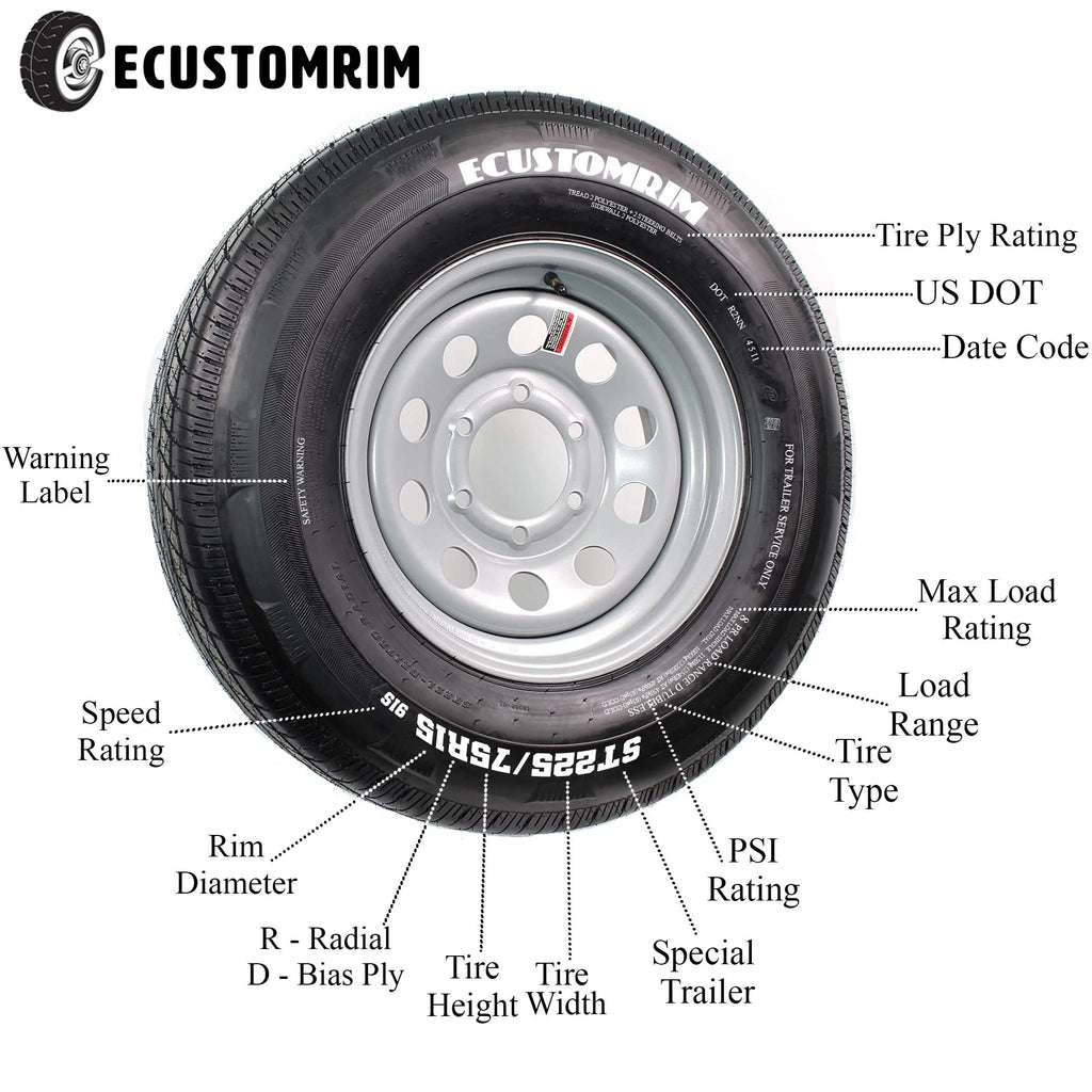 ST225/75R15 15 D 6 Lug White Spoke Trailer Tire On Rim F498