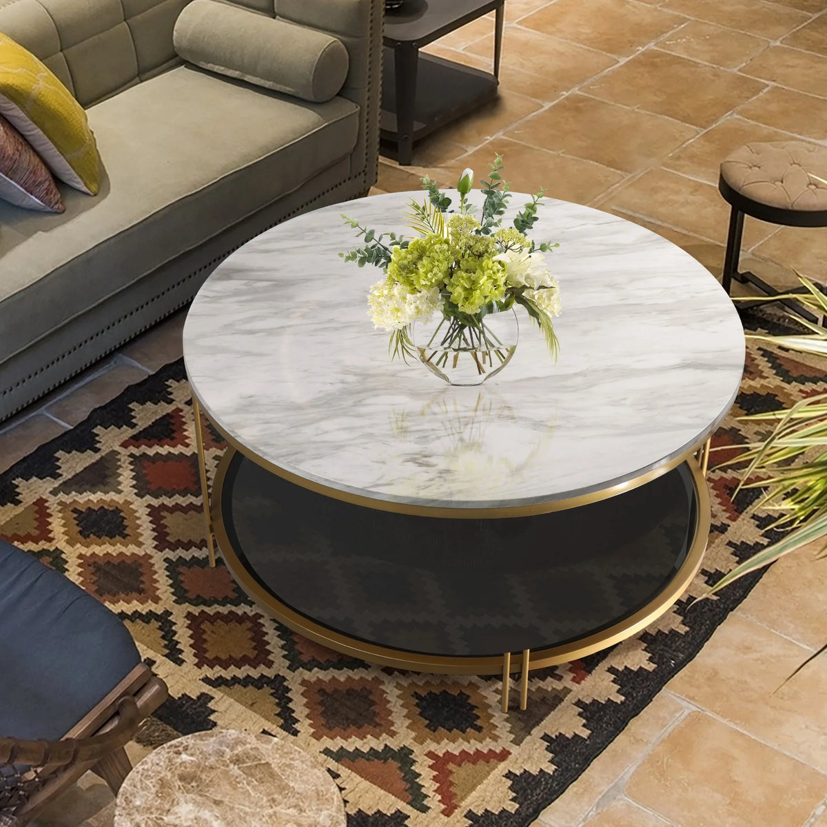 36" Round Faux Marble Coffee Table with Storage Shelf Y6488