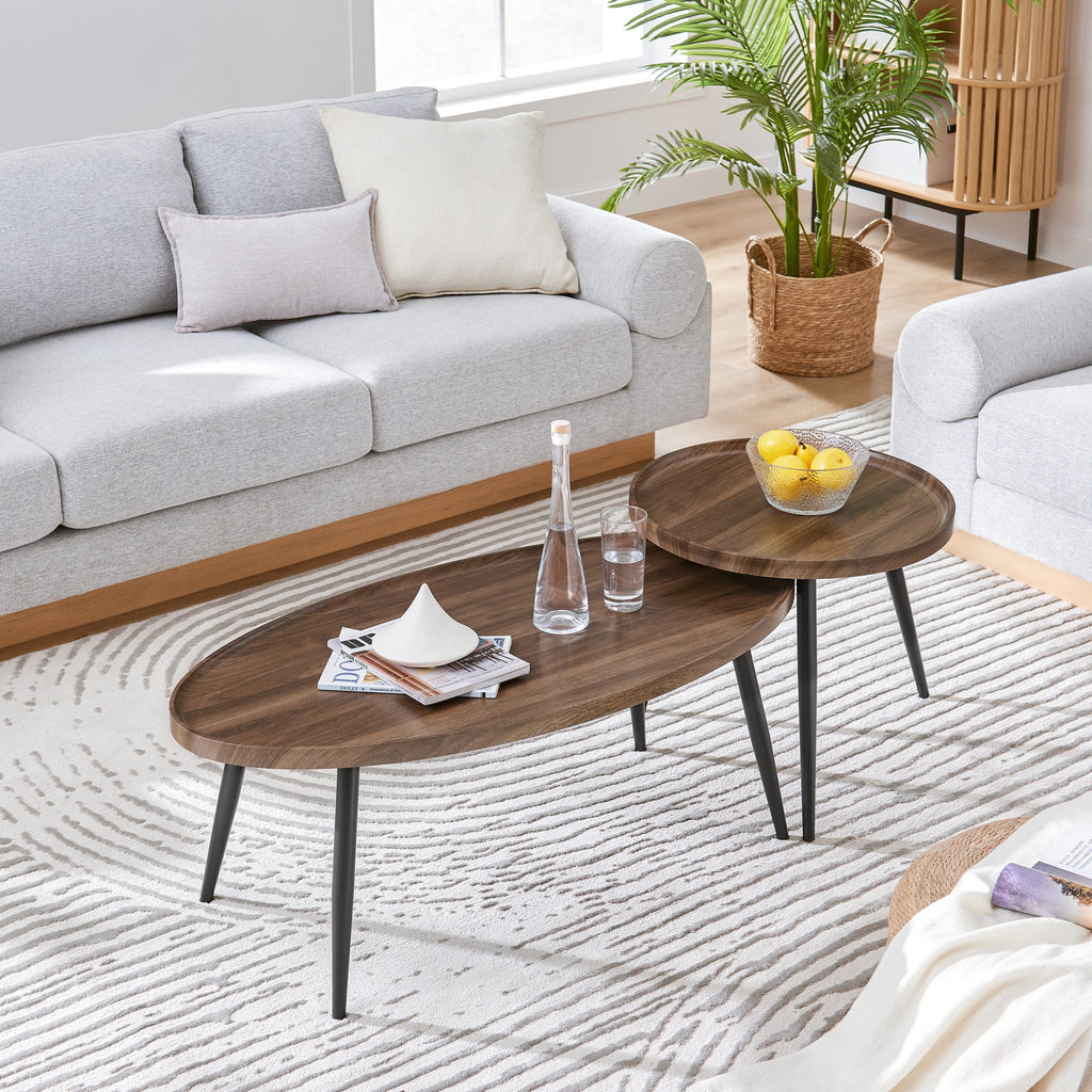 2 Piece Walnut Coffee Table Set with Black Metal Legs A31028