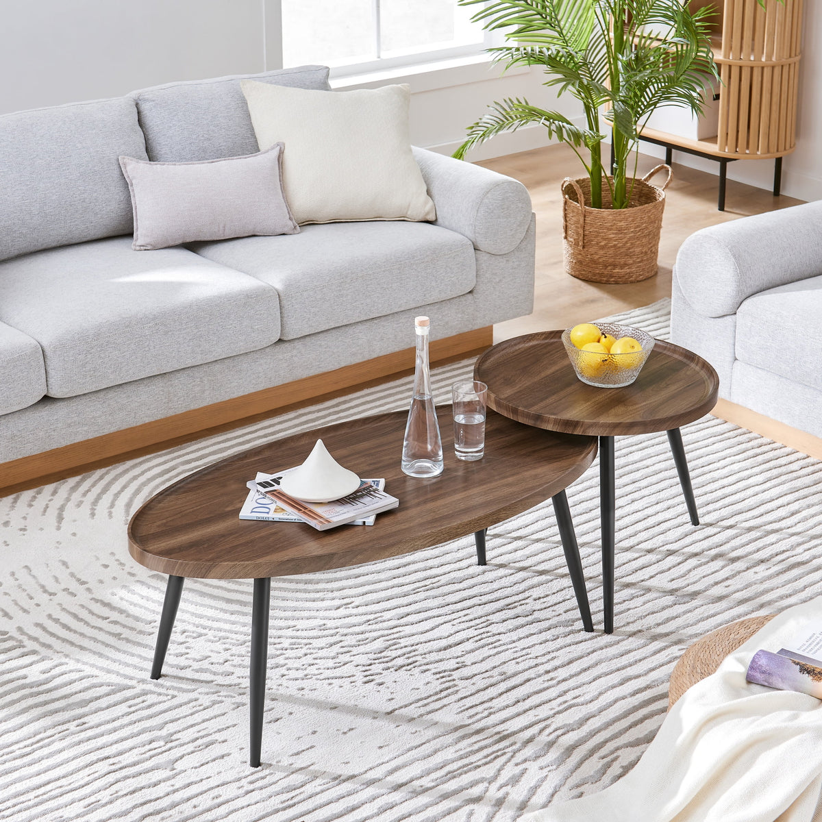 2 Piece Walnut Coffee Table Set with Black Metal Legs A31028
