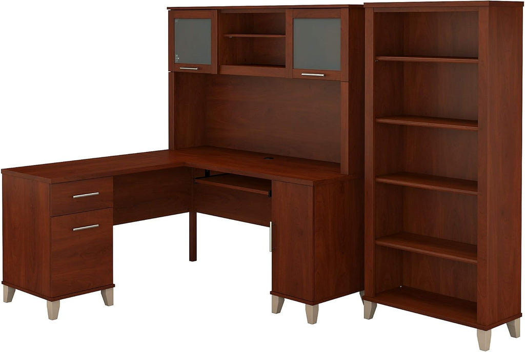 L Shaped Desk with Hutch and 5 Shelf Bookcase L403133