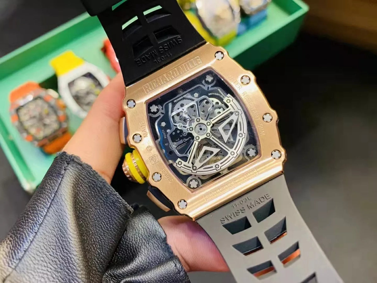 Skeleton Dial Rose Gold Bezel Black Rubber Strap D710467