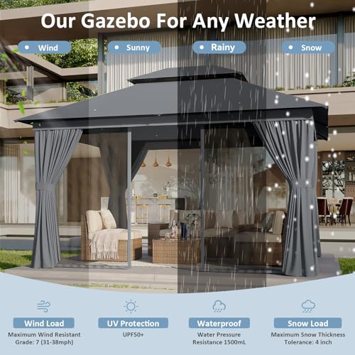 10'x12' Beige Outdoor Patio Gazebo with Mosquito Nettings and Privacy Screens Q971