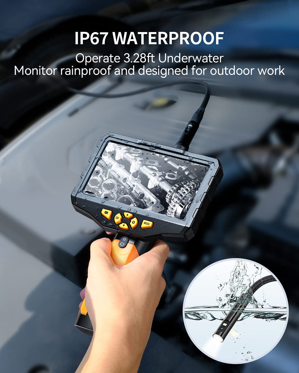 Triple-Lens Borescope Inspection Camera with Light, 16.4ft Waterproof Flexible Cable E813707