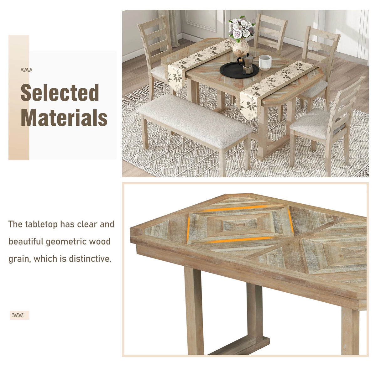 6-Piece Rubber Wood Dining Table Set with 4 Cushion Chairs and Bench Q4504