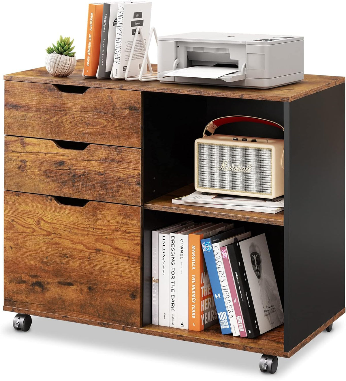 White 3-Drawer Wood Mobile File Cabinet with Storage Shelves W4296