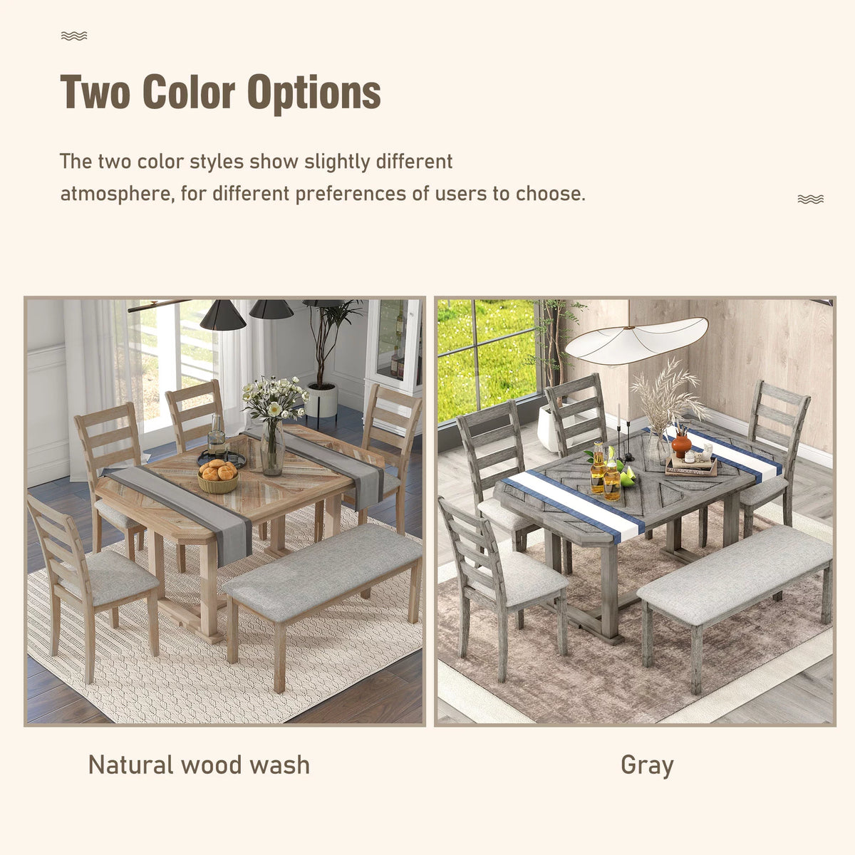 6-Piece Rubber Wood Dining Table Set with 4 Cushion Chairs and Bench Q4504
