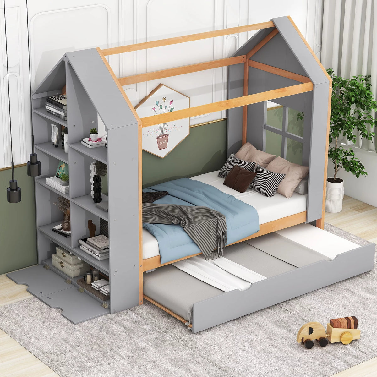Twin Size Wood Platform Bed with Storage Shelves and Trundle Y1495