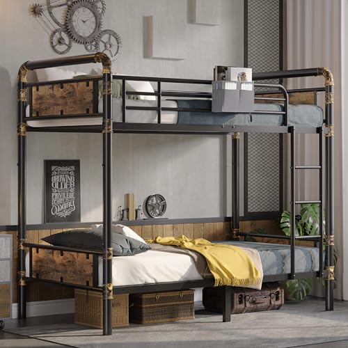 2 IN 1 Metal Bunk Bed Twin Over Twin, Convertible into 2 Individual Twin Size Bed, Vintage Brown U874495