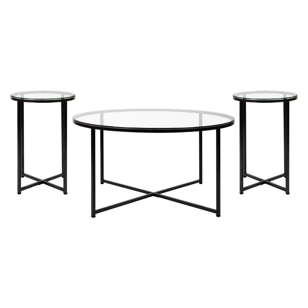 Clear Glass Table Set with Matte Black X Metal Frame, Coffee Table, 2 End Tables J2077